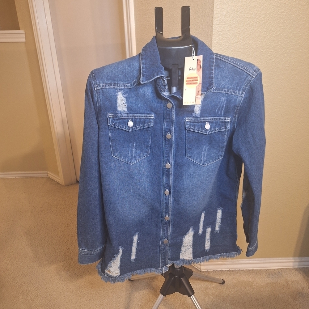 Dokotoo Blue Distressed Denim Women's Jacket/shirt. Size M. New W Tags